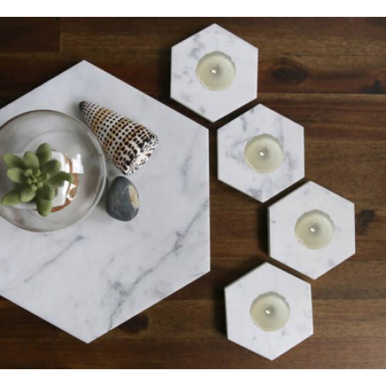 Carrara White Marble Candle Holder Hexagon 2 pcs