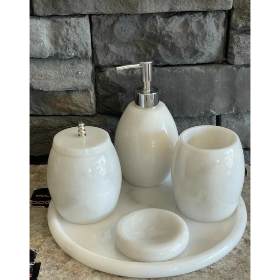 White Natural Marble Silver Accessory Oval 5 Pcs Bathroom Set