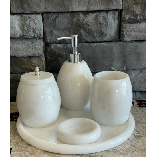 White Natural Marble Silver Accessory Oval 5 Pcs Bathroom Set