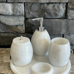 White Natural Marble Silver Accessory Oval 5 Pcs Bathroom Set