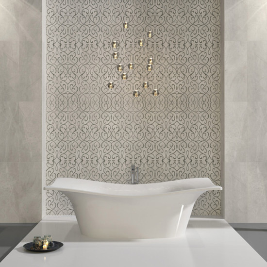 Marmol-30x90-Oldlace-Dekofon: Marble Look Ceramic Tile with Decorative Patterns
