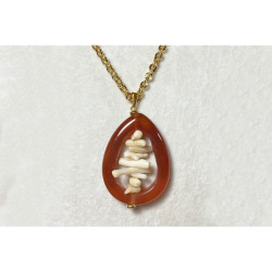 Agate Stone Necklace / Coral Detailed Real Gold Plated Chain Necklace