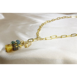 Real Gold Plated Design Chain Necklace with Cube Drop Amber and Agate Stone