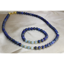 Lapis Lazuli - Aquamarine Necklace and Bracelet Set - Gold Plated Detailed