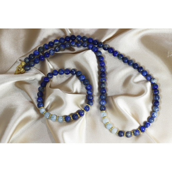 Lapis Lazuli - Aquamarine Necklace and Bracelet Set - Gold Plated Detailed Lapis Lazuli - Aquamarine Necklace and Bracelet Set - Gold Plated Detailed