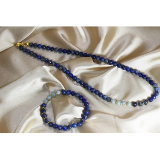 Lapis Lazuli - Aquamarine Necklace and Bracelet Set - Gold Plated Detailed Lapis Lazuli - Aquamarine Necklace and Bracelet Set - Gold Plated Detailed