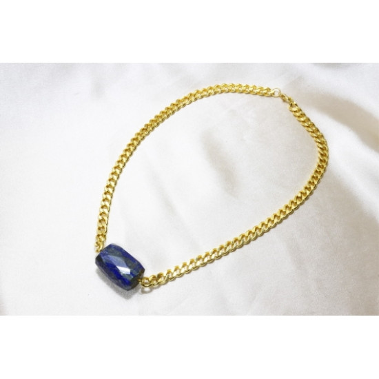 Lapis Lazuli Stone Necklace with Gold Plated Knitted Chain