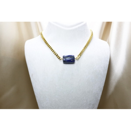 Lapis Lazuli Stone Necklace with Gold Plated Knitted Chain