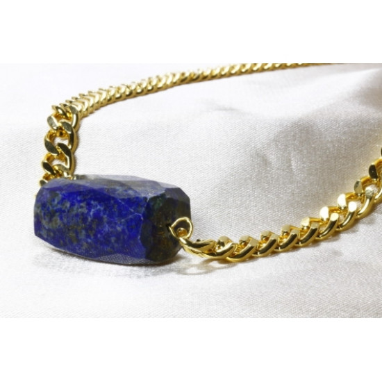 Lapis Lazuli Stone Necklace with Gold Plated Knitted Chain